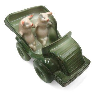 Pink PIGS in Green CAR Figurine Ceramic Charming German Vintage - Broken Ear